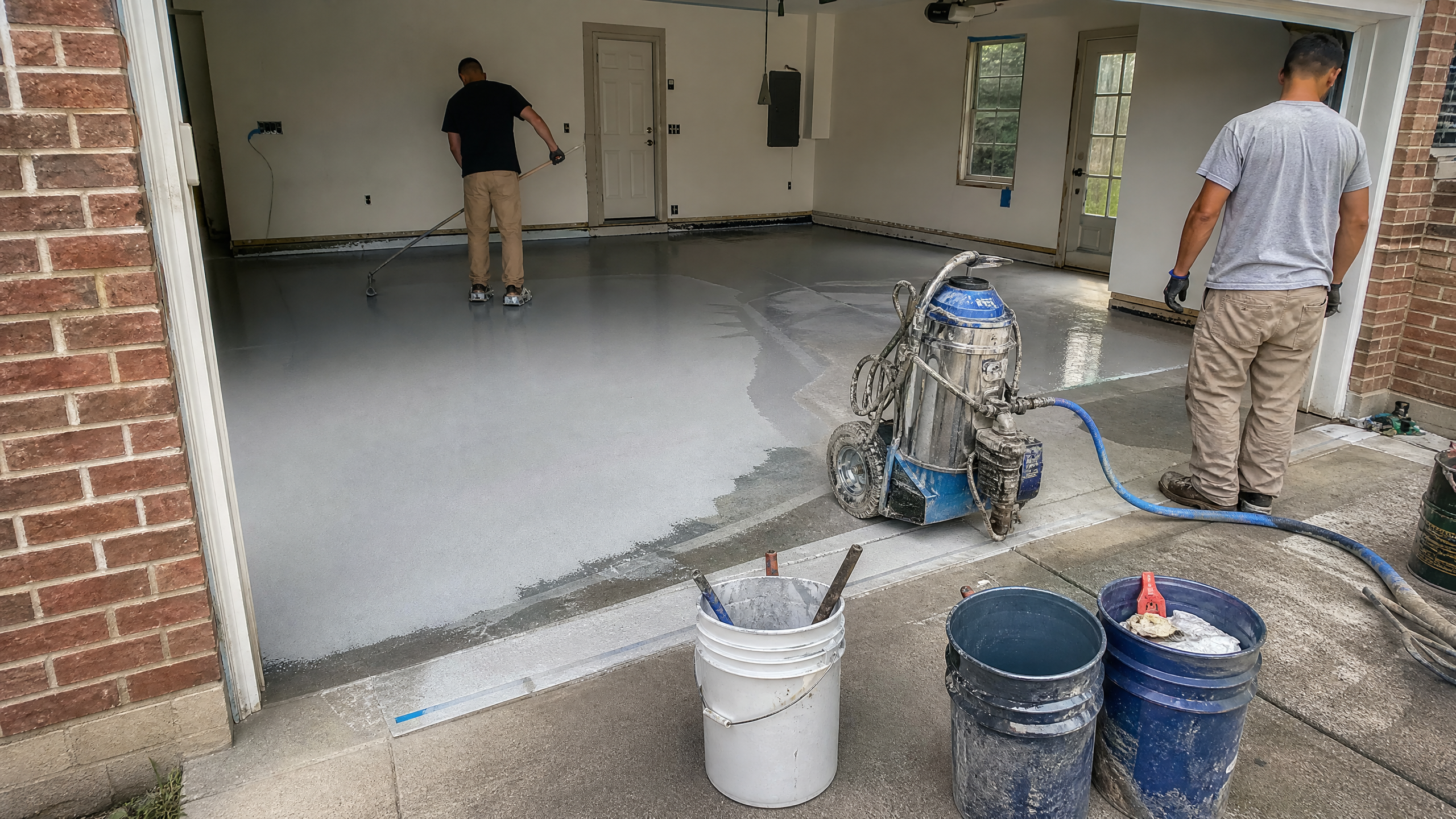 Polyaspartic Garage Floor Coating in progress at a American residential property — professional service in Sumter County, SC