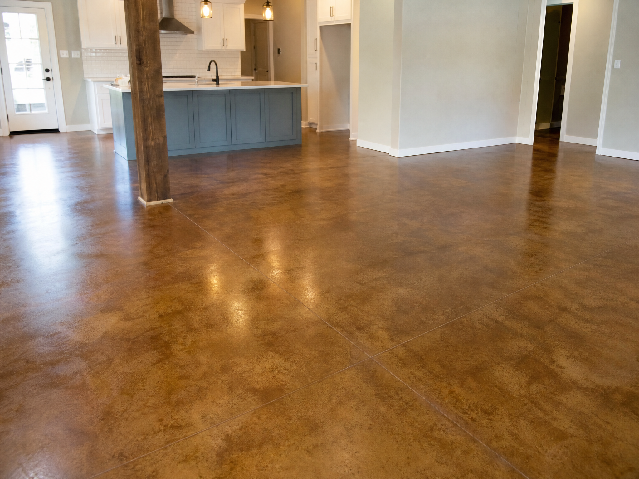 Completed stained concrete floors showing professional quality workmanship in a American home